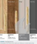 Comparative view of Contemporary Champagne Bronze Cabinet Pull St Vincent Seven And A Half Inch Overall Length on various cabinet finishes