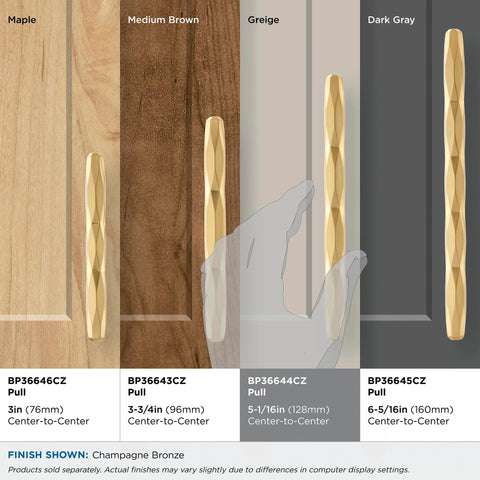 Comparative view of Contemporary Champagne Bronze Cabinet Pull St Vincent Seven And A Half Inch Overall Length on various cabinet finishes