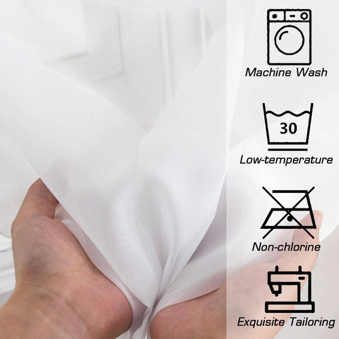 Close-up of hand holding Two Lightweight White Sheer Curtain Panels 42 Inch Wide By 72 Inch Long With Rod Pockets airy voile fabric