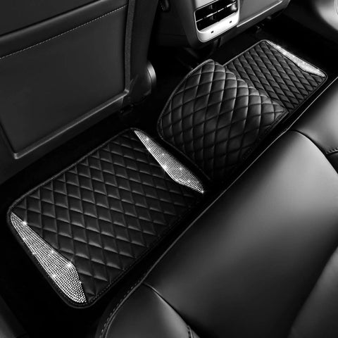 Premium Bling Diamond Leather Car Mats With Sparkly Rhinestone Edges Anti Slip Waterproof Universal Fit For Daily Drive Dope Ride Flex In Black Silver, detailed view of back seat mats.