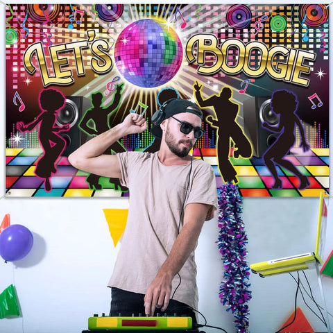 Disco Theme Photo Booth Backdrop Lets Boogie For 60s 70s 80s 90s Parties, Large Fabric Backdrop Banner, Neon Dancing Night Decor, Birthday Party Supplies, 72.8 X 43.3 Inches