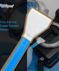 AAWipes 16 mm sensor cleaning swab for camera sensors, blue handle with white foam pad beside DSLR mount