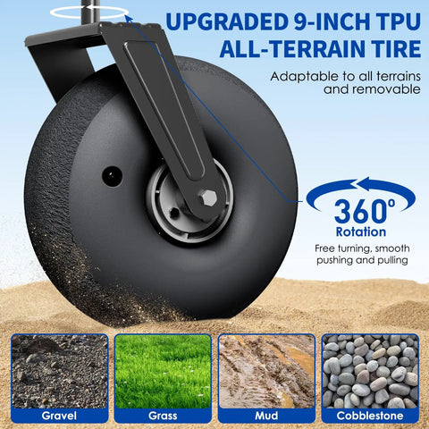 Heavy Duty Beach Wagon With 9 Inch All-Terrain Wheels, close-up of 9-inch wheel on sand showcasing terrain adaptability