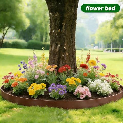 Lawn Edging Kit 100 Foot With 90 Spikes 2 Inch Tall Landscape Border Roll Brown used around a tree with colorful flowers