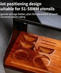 Slot positioning design of Wall Mounted Coffee Bean Storage With 12 Glass Dosing Tubes And Espresso Tools Organizer, solid wood for 51-58mm utensils