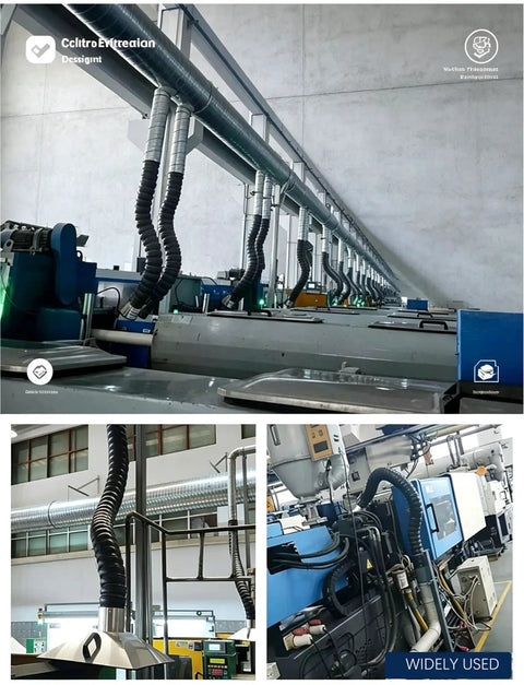 Super Slick 360 Degree Adjustable Solder Fume Extractor And Flexible Articulated Dust Collection Arm With Universal 100 Millimeter Bamboo Hose in a workshop setting with multiple bends.
