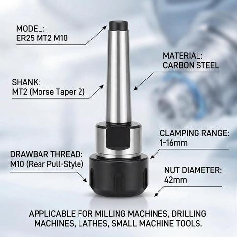 MT2 To M10 Taper Collet Chuck Holder Face Milling Arbor Adapter For CNC Machining with specifications display