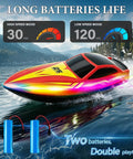 Remote Control RC Boat For Kids With 7 LED Modes 60 Minutes Play Time 15 KPH Speed Boat in water with battery indicators