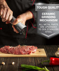 Stainless Steel Salt And Pepper Grinder Set Of 2 With Adjustable Ceramic Mills used on steak, emphasizing ceramic grinding mechanism