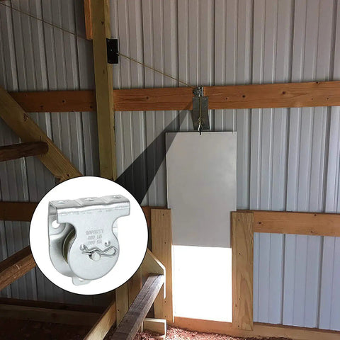 6 Pack Zinc Plated Wall Mount Pulleys, Fixed One And A Half Inch Cable Pulleys With 6 Screw Holes, Silver Small Pulleys, 421 Lbs Capacity, Fits Three Eighths Inch Wire Rope For Lifting, Built Tough, Easy Install. Mounted on wood beam for door lift