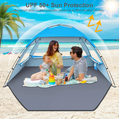 Family enjoying Tons Of Room Beach Shade Tent For 3 To 10 People With UPF 50 Plus UV Protection on a sunny beach day.