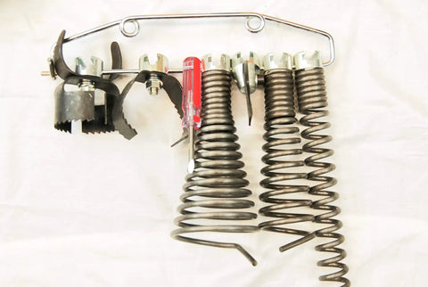 Real Deal Sectional Sewer Snake Machine 1.5 HP Drain Cleaner With 120 Foot Cable And Six Piece Cutter Set, cutting tools and accessories.