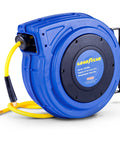 Air Hose Reel Retractable One Quarter Inch By Fifty Foot Premium Commercial Hybrid Flex Polymer Hose Heavy Duty Spring Driven Polypropylene Case With PVC Handle For Quick Clean Setups And Rugged Long Lasting Use