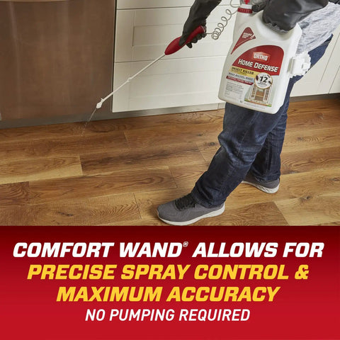 Person using Indoor And Perimeter Pest Control Spray With Comfort Wand For Home Defense Ready To Use Bug Killer on wooden floor