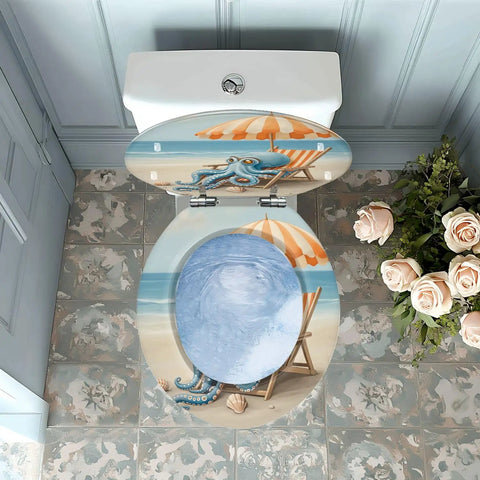 Toilet Seat Round Resin for Bathroom with ocean design, octopus, and beach umbrellas, suitable for various toilet sizes.