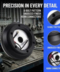Close-up of 125H Aluminum 6 Hole Short Hub Steering Wheel Adapter Kit Direct Bolt-On Base Connection in workshop setting