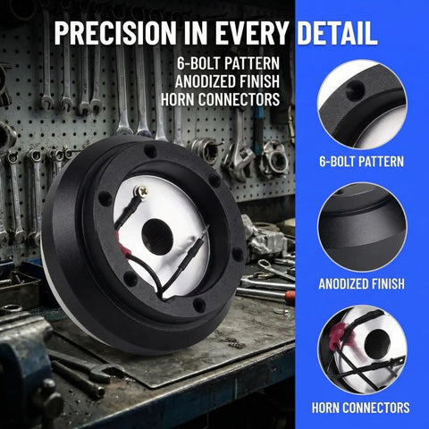 Close-up of 125H Aluminum 6 Hole Short Hub Steering Wheel Adapter Kit Direct Bolt-On Base Connection in workshop setting