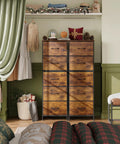 Fabric Dresser With Five Drawers And Wood Top, Sturdy Steel Frame, Tall Storage Chest For Bedroom Or Hallway, Rustic Brown Wood Grain Finish With Fabric Bin Storage, Ample Space To Tidy Closet Or Decor in a cozy bedroom setting