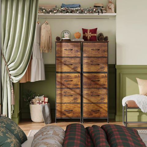 Fabric Dresser With Five Drawers And Wood Top, Sturdy Steel Frame, Tall Storage Chest For Bedroom Or Hallway, Rustic Brown Wood Grain Finish With Fabric Bin Storage, Ample Space To Tidy Closet Or Decor in a cozy bedroom setting