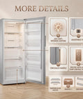 Interior view of Super Roomy Fourteen Cubic Foot Frost Free Upright Freezer With Digital Controls And Heavy Duty Wire Shelves, showcasing adjustable foot and LED light.