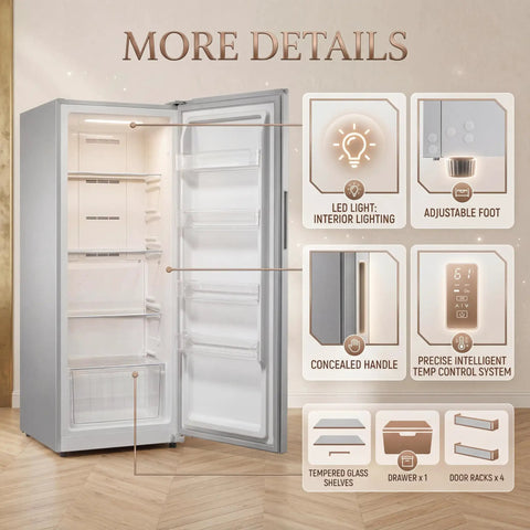 Interior view of Super Roomy Fourteen Cubic Foot Frost Free Upright Freezer With Digital Controls And Heavy Duty Wire Shelves, showcasing adjustable foot and LED light.