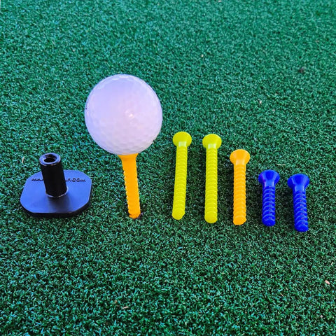 Height Adjustable Golf Tee Set With Flexible Plastic And Rubber Tees For Mats And Simulators on green practice mat