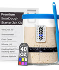 40oz Wide Mouth Sourdough Starter Jar Kit with marked feeding band, scraper, cloth cover, and silicone lid base, blue finish.