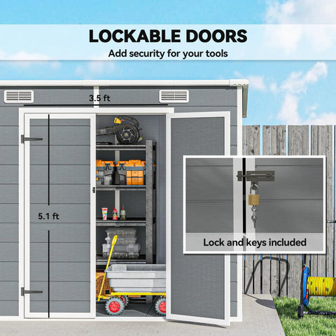 No Nonsense 8x4 Outdoor Storage Shed Made Of Waterproof Resin Plastic with lockable doors and floor, showing interior storage