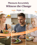Three people using Smart Food Scale With Nutritional Calculator And Free App For AI Scan Calorie And Macro Tracking Food Preload On Screen Nutrient Info Personal Goals And Rechargeable Battery 11 Lb Capacity with meals