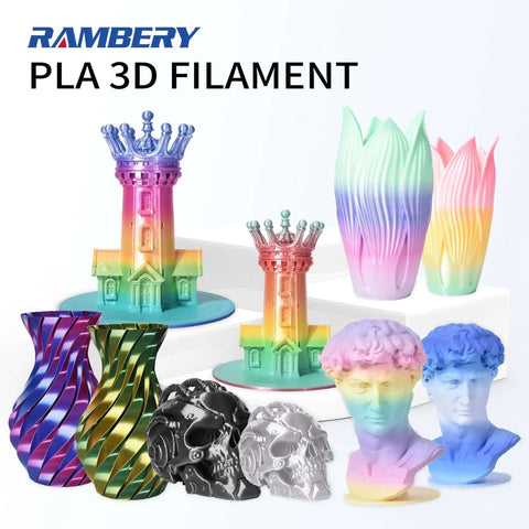 3D printed models using Shiny Rainbow PLA Filament Bundle for 3D printing, 1.75mm, showcasing color-changing multicolor effects.