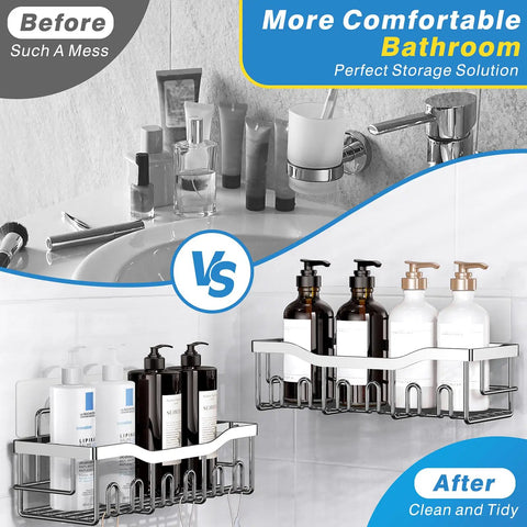 Comparison of messy versus organized bathroom using Rustproof Stainless Steel Shower Caddy Set With No Drill Adhesive For Inside Shower
