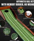Indoor Golf Putting Green Mat For Home Practice With Auto Ball Return Portable And Easy To Set Up Wrinkle Free Natural Rubber Surface With Solid Wood Base, showing marked features and close-up details.