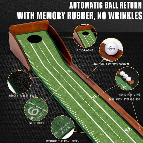 Indoor Golf Putting Green Mat For Home Practice With Auto Ball Return Portable And Easy To Set Up Wrinkle Free Natural Rubber Surface With Solid Wood Base, showing marked features and close-up details.