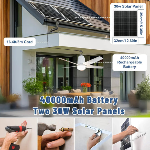 Solar Outdoor Ceiling Fan Light 31.5 Inch With Remote Portable Gazebo Fan 60W Dual Solar Panels 3000K To 6000K LED 40000mAh Battery