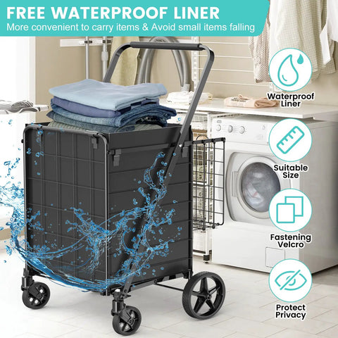 Heavy Duty Folding Grocery Cart That Hauls 360 Lbs Capacity With Waterproof Liner in laundry setting next to washing machine