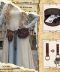 Solid Brown Viking Pirate Belt Pouch Set Of Four Legit Saddlebag Waist Bags Featuring Dang Cool Vintage Closure For Renaissance Cosplay Larp Gatherings And Everyday Carry Adventures on a model.