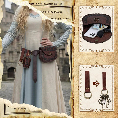 Solid Brown Viking Pirate Belt Pouch Set Of Four Legit Saddlebag Waist Bags Featuring Dang Cool Vintage Closure For Renaissance Cosplay Larp Gatherings And Everyday Carry Adventures on a model.