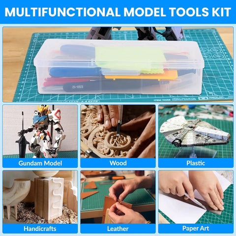 82 Piece Pro Model Tool Kit for Plastic Model Kits in storage box with various tools, used for model building and repairs