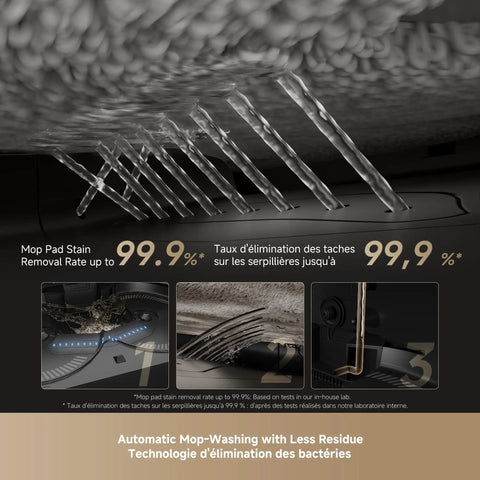 Close-up of X50 Ultra Robot Vacuum And Mop With Auto Empty Dock And Self Cleaning Mop showing mop pad stain removal rate at 99.9% efficiency.