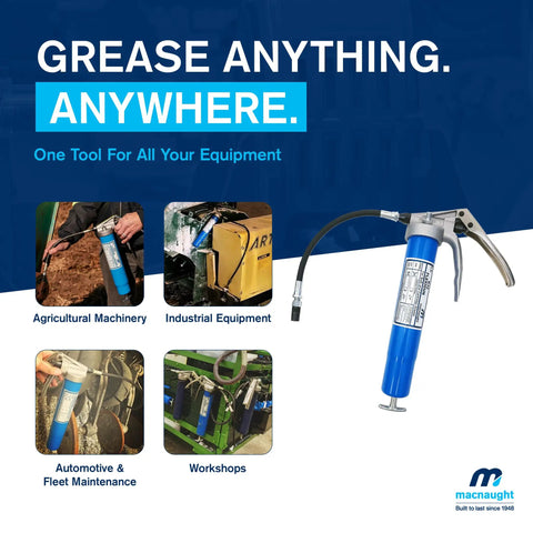 Beefy Heavy Duty Pistol Grip Grease Gun With Ten Year Warranty Bulk Fillable Or Fourteen Ounce Cartridge One Eighth NPT Flex Connection Twelve Inch Hose KY Supergrip Three Jaw High Pressure Coupler No Leak Connection displayed with usage images for various equipment.
