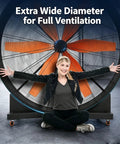 Real Deal High Capacity Industrial Warehouse Floor Fan Featuring Slick Aerodynamic Blades For Far Reaching Cool Breeze Built Tough Anti Tip Base And Smooth Casters with extra wide diameter for ventilation.