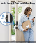 Woman entering home with Keyless Entry Door Lock With Electronic Keypad Deadbolt Auto Lock Anti Peeking Passwords Secure Black Finish.