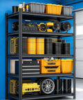 Rock Solid Heavy Duty Five Tier Metal Shelving Unit For Garage Warehouse Storage Built Like A Tank To Flex Your Gear And Max Out Every Inch Of Basement Space In Sleek Black Finish with yellow and black storage bins.