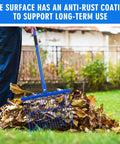 Three Sets Metal Manure Fork With Long Handle Pitch Fork Muck Rake For Gardening Horse Stall Stable Cleanup And Farm Work Heavy Duty 15 By 11 Inch Head Blue, used for leaf pile, anti-rust coating shown.