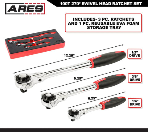 100 Tooth Swivel Head Ratchet Set for Heavy Duty Jobs with One Quarter Inch, Three Eighths Inch, Half Inch Drives in CV Steel