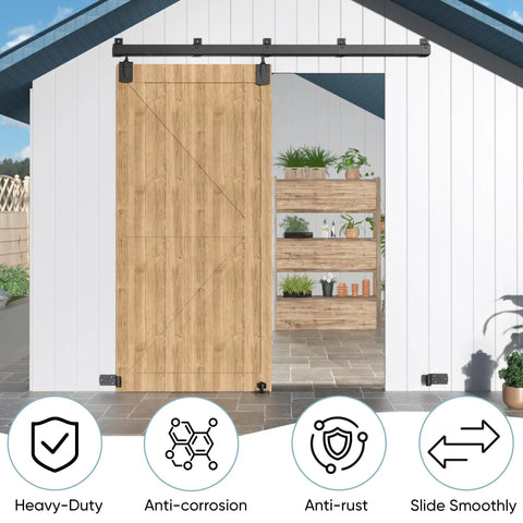Heavy Duty Exterior Barn Door Hardware Kit For Outdoor Use, Box Rail Sliding Track System, Weatherproof Black Finish, installed on shed