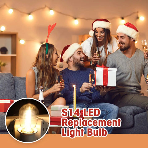 100 Pack LED Replacement Bulbs For Outdoor String Lights No Fuss Easy Install Shatterproof Waterproof Plastic Filament Bulbs With E26 Base Warm White Vintage Patio Lighting 110V Clear Bulbs shown in a festive setting with people celebrating indoors.