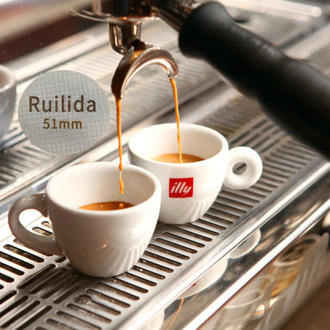 Espresso Puck Screen 51mm, 316 Stainless Steel in use with espresso maker pouring coffee into white cups