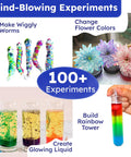 Over 100 Hands On Science Kits For Kids Ages 4 To 8 Fun STEM Experiments Safe Materials Easy Tools Ideal Gift For 6 And 7 Year Olds Totally Cool At Home Science Projects For Curious Kids showing wiggly worms, color-changing flowers, glowing liquid, and rainbow tower.