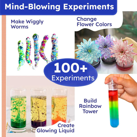 Over 100 Hands On Science Kits For Kids Ages 4 To 8 Fun STEM Experiments Safe Materials Easy Tools Ideal Gift For 6 And 7 Year Olds Totally Cool At Home Science Projects For Curious Kids showing wiggly worms, color-changing flowers, glowing liquid, and rainbow tower.